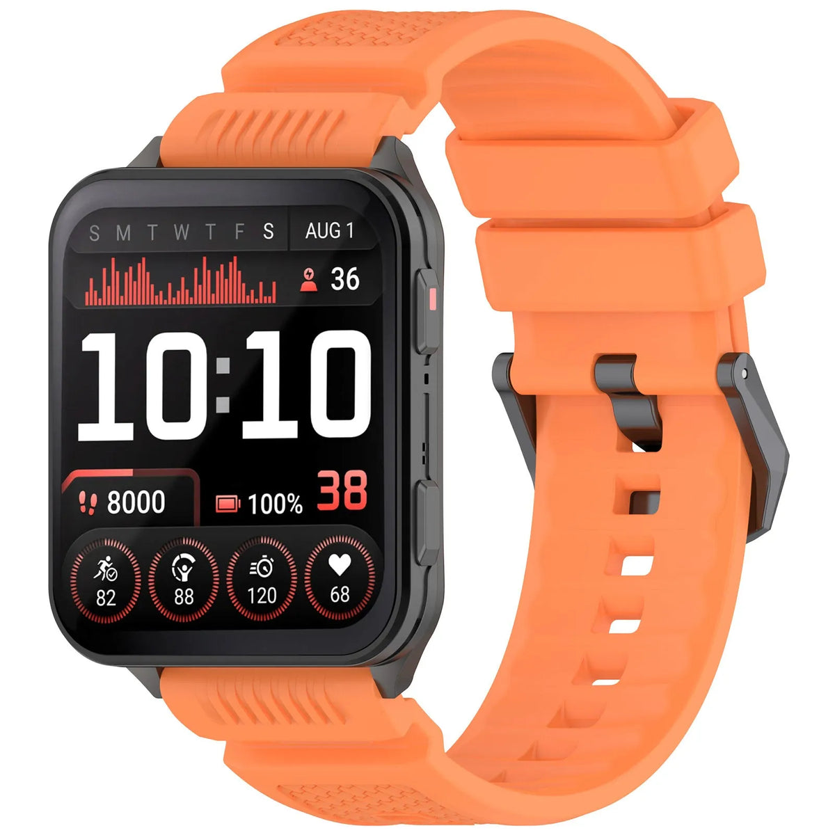 Silicone Strap, orange, on a watch, 3/4 front view