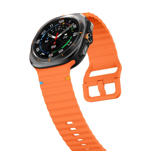 Wave Silicone Strap, orange, on a watch, 3/4 front view