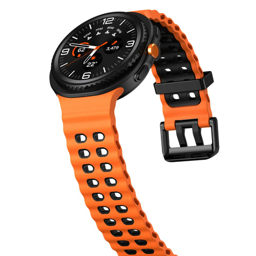 Silicone Ocean Strap, orange/black, on a watch, 3/4 front view