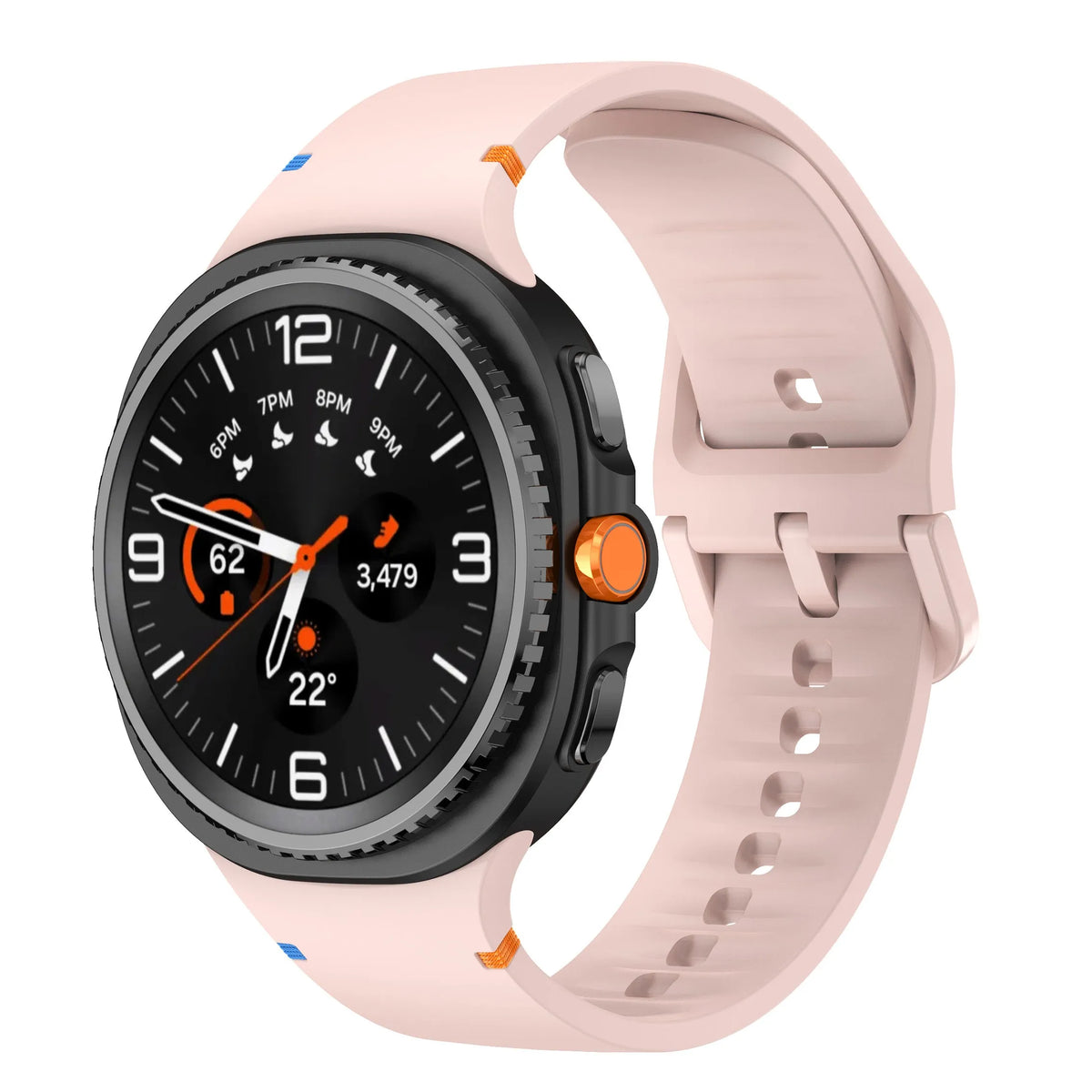 Silicone Strap, pink, on a watch, 3/4 front view