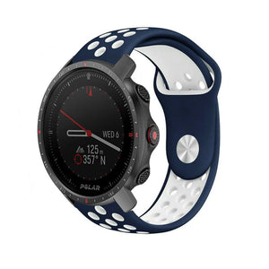 Silicone Sport Strap, blue/white, on a watch, 3/4 front view