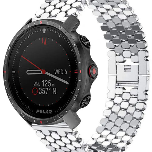 Steel Strap Hexagons, silver, on a watch, 3/4 front view