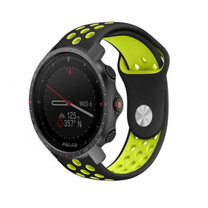 Silicone Sport Strap, black/yellow, on a watch, 3/4 front view