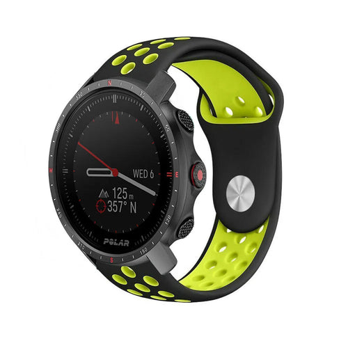 Silicone Sport Strap, black/yellow, on a watch, 3/4 front view