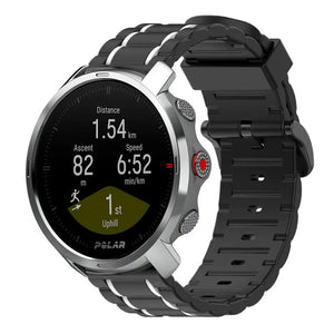Silicone Sport Strap with Buckle, black/white, on a watch, 3/4 front view