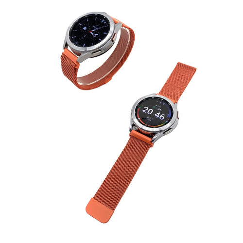 Milanese Strap, orange, on a watch, 3/4 front view