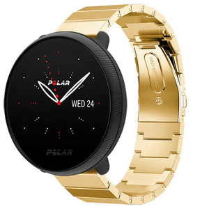 Premium Metal Strap, gold, on a watch, 3/4 front view