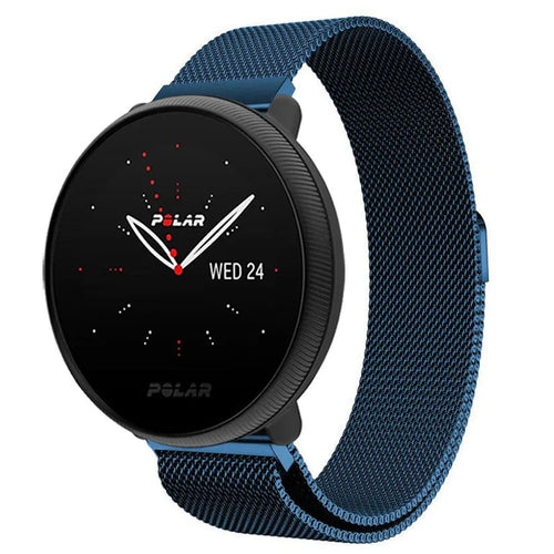 Milanese Strap, blue, on a watch, 3/4 front view