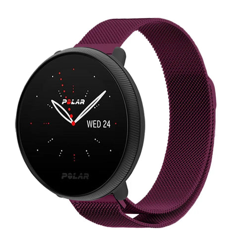 Milanese Strap, purple, on a watch, 3/4 front view