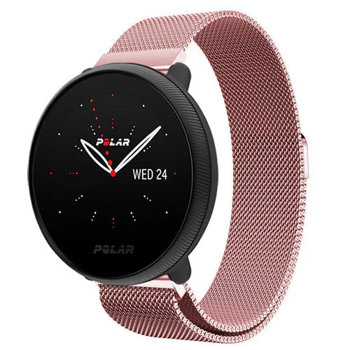 Milanese Strap, pink, on a watch, 3/4 front view