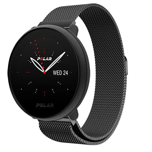 Milanese Strap, black, on a watch, 3/4 front view