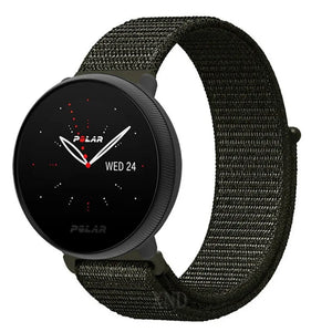 Nylon Strap, olive green, on a watch, 3/4 front view