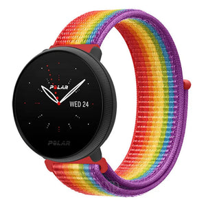 Nylon Strap, rainbow, on a watch, 3/4 front view
