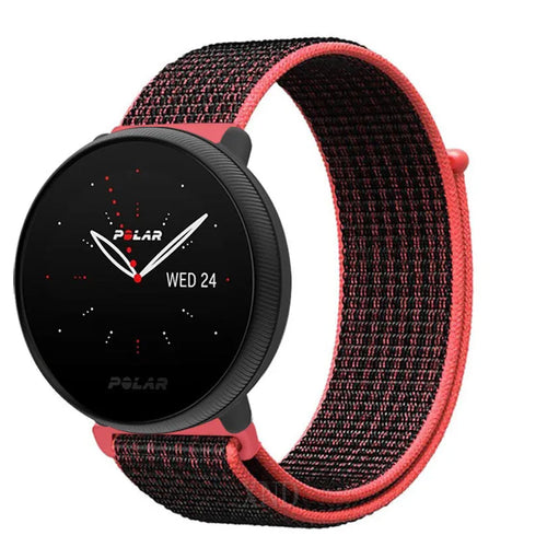 Nylon Strap, black/coral, on a watch, 3/4 front view