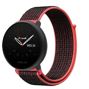 Nylon Strap, black/coral, on a watch, 3/4 front view