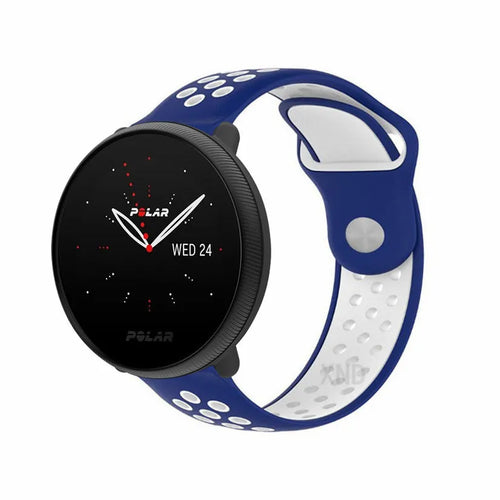 Silicone Sport Strap, blue/white, on a watch, 3/4 front view