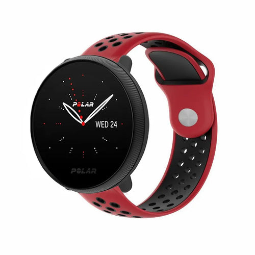 Silicone Sport Strap, red/black, on a watch, 3/4 front view