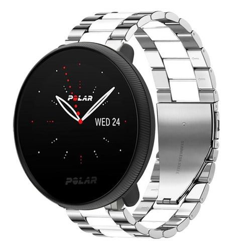 Steel Strap, silver/white, on a watch, 3/4 front view