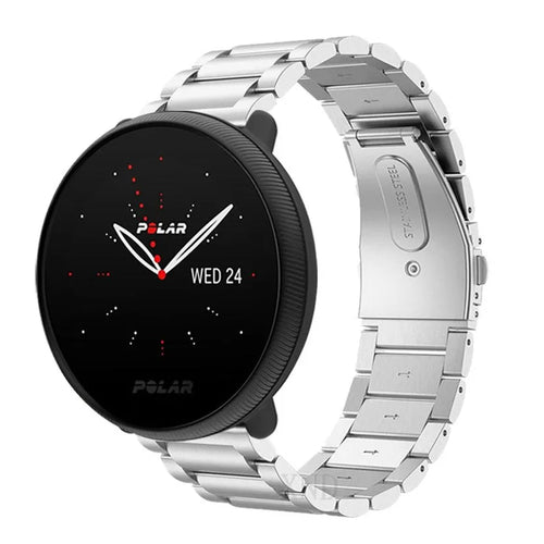 Steel Strap, silver, on a watch, 3/4 front view