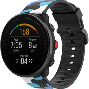 Silicone Camo Strap, blue, on a watch, 3/4 front view