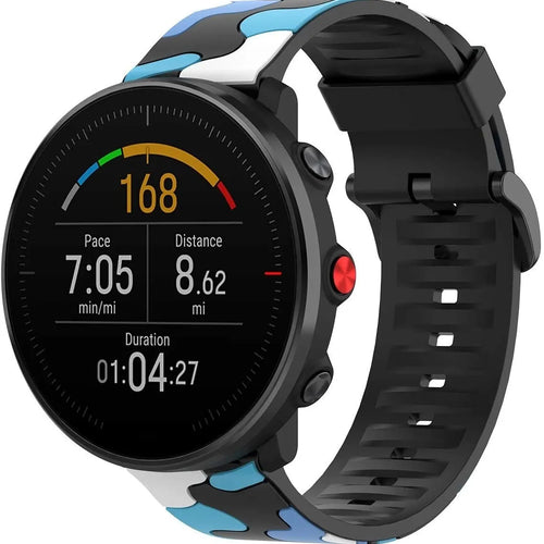 Silicone Camo Strap, blue, on a watch, 3/4 front view
