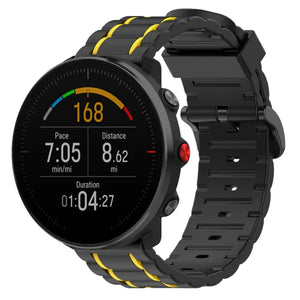 Silicone Strap 'Tough', black/yellow, on a watch, 3/4 front view