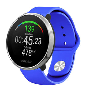 Silicone Sport Strap, blue, on a watch, 3/4 front view