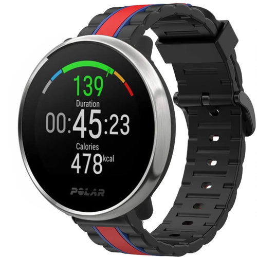 Silicone Special Edition Strap, black/red, on a watch, 3/4 front view