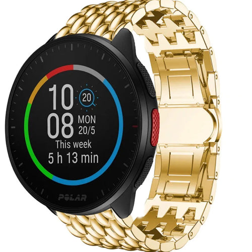 Steel Dragon Strap, gold, on a watch, 3/4 front view