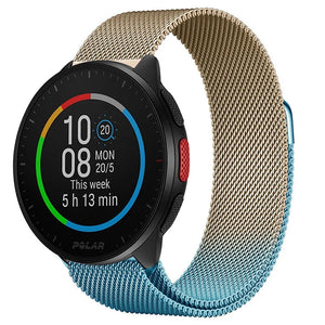 Milanese Strap, blue/gold, on a watch, 3/4 front view