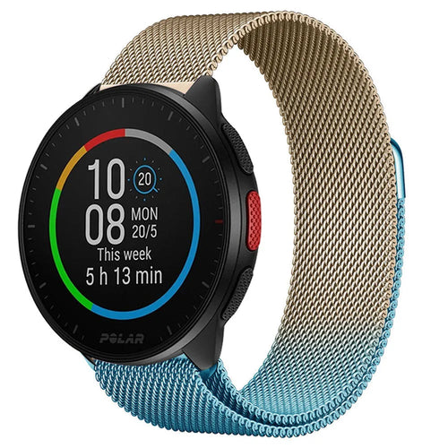 Milanese Strap, blue/gold, on a watch, 3/4 front view