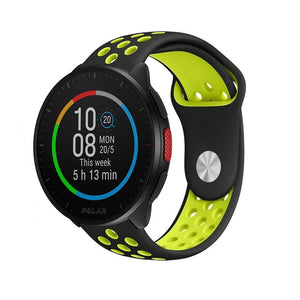 Silicone Sport Strap, black/yellow, on a watch, 3/4 front view