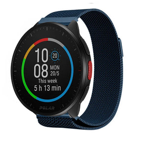 Milanese Strap, blue, on a watch, 3/4 front view