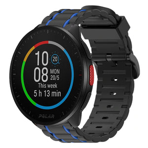 Silicone Strap 'Tough', black/blue, on a watch, 3/4 front view