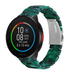 Metal Resin Strap, green, on a watch, 3/4 front view