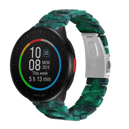 Metal Resin Strap, green, on a watch, 3/4 front view