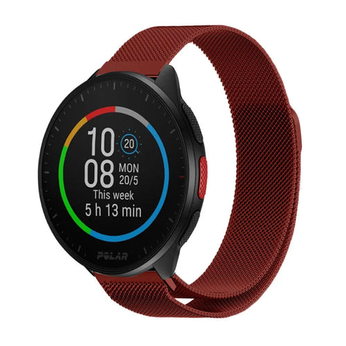 Milanese Strap, red, on a watch, 3/4 front view