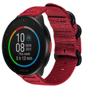 Nylon Buckle Strap, red, on a watch, 3/4 front view