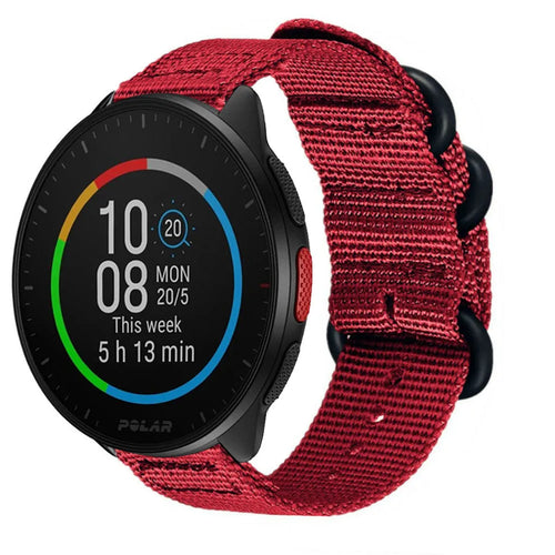 Nylon Buckle Strap, red, on a watch, 3/4 front view