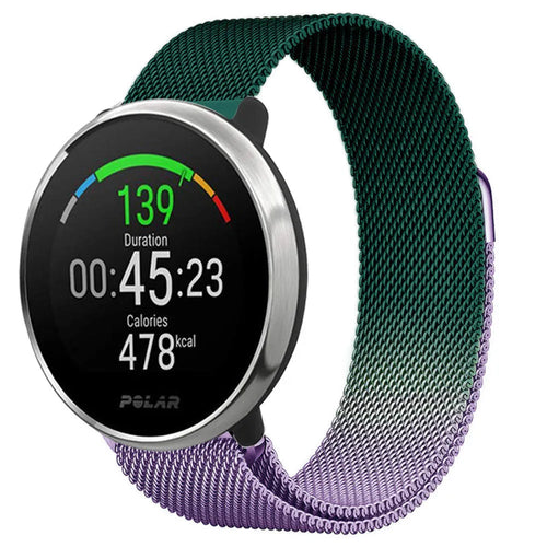 Milanese Strap, purple/green, on a watch, 3/4 front view