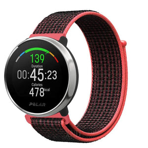 Nylon Strap, black/coral, on a watch, 3/4 front view