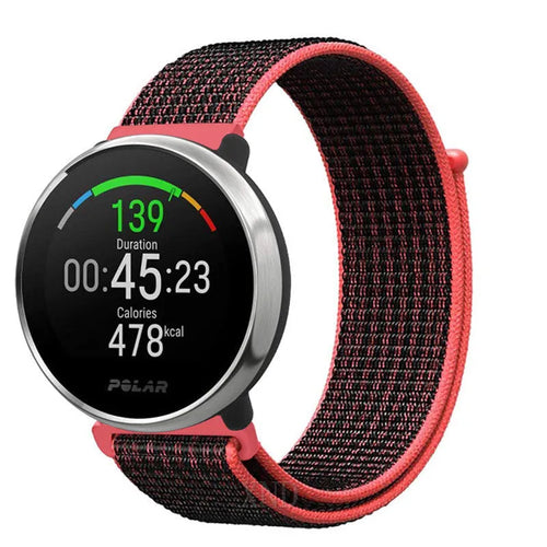 Nylon Strap, black/coral, on a watch, 3/4 front view