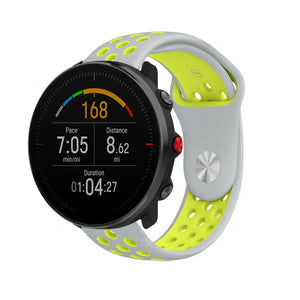 Silicone Sport Strap, grey/yellow, on a watch, 3/4 front view