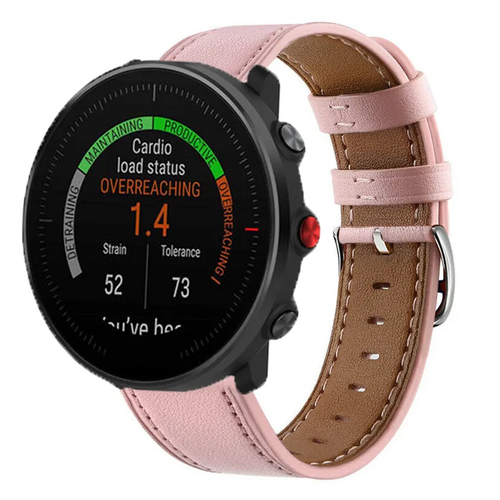 Modern Leather Strap, pink, on a watch, 3/4 front view