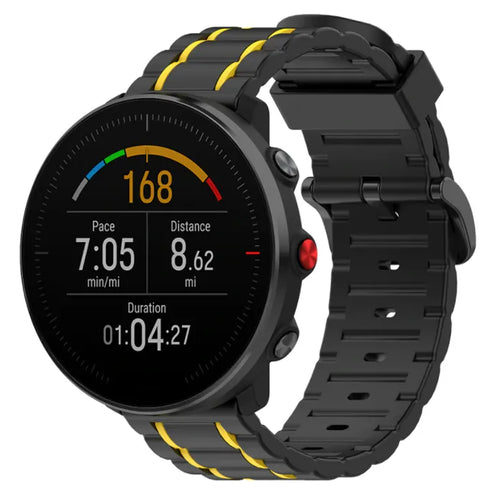 Silicone Sport Strap with Buckle, black/yellow, on a watch, 3/4 front view