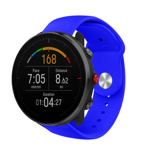 Silicone Sport Strap, blue, on a watch, 3/4 front view