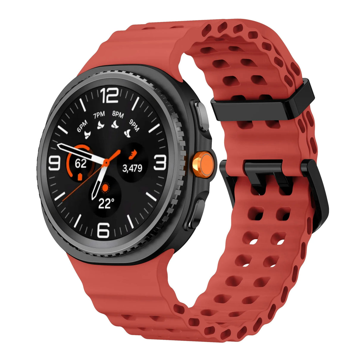 Silicone Ocean Strap, red, on a watch, 3/4 front view