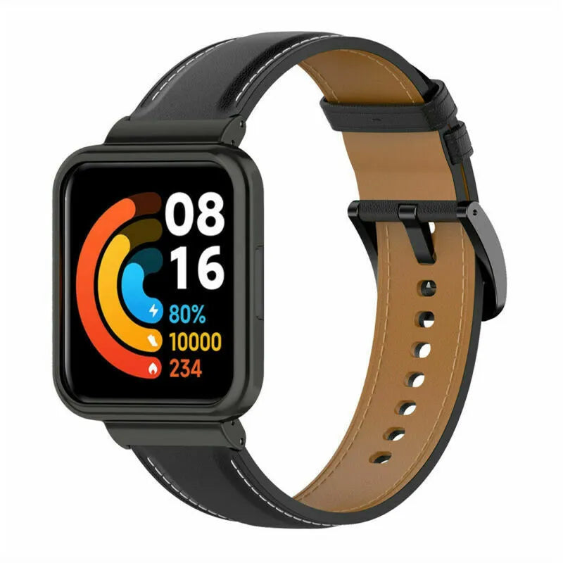 Leather Strap, black, on a watch, 3/4 front view