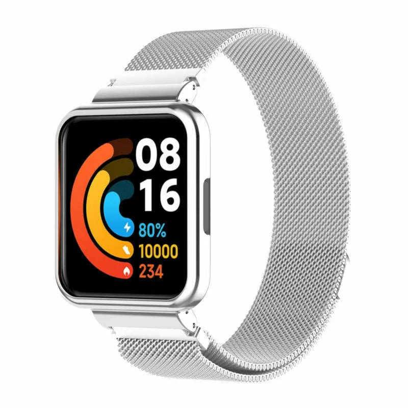 Milanese Strap, silver, on a watch, 3/4 front view