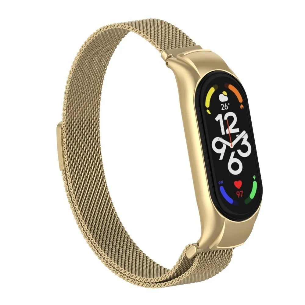 Milanese Strap, gold, on a watch, 3/4 front view
